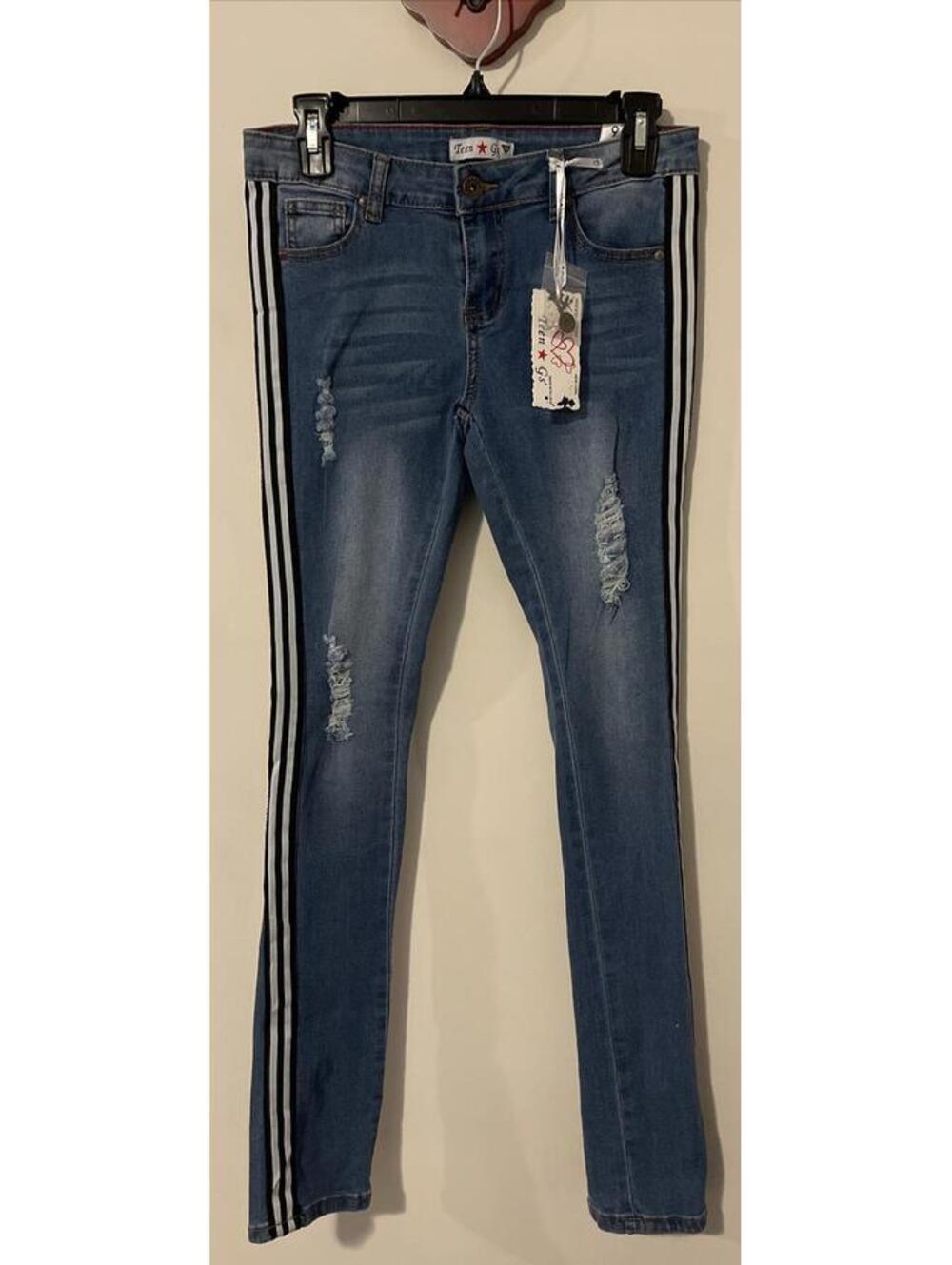 Teen Gs NY Sz 16 Girls Blue Striped Skinny Distressed Denim Jeggings NWT! M1232 - Picture 1 of 9